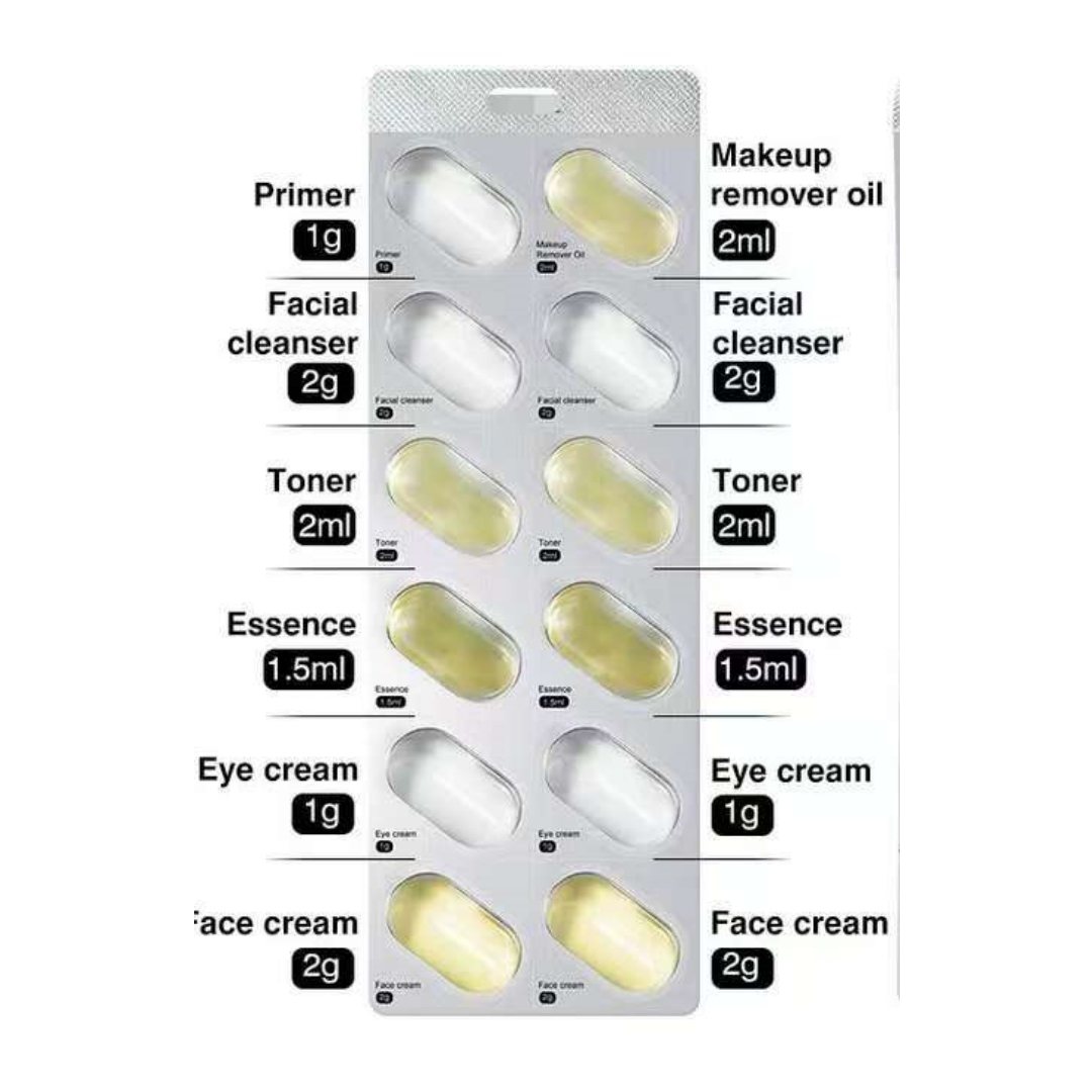 All-in-one Travel Skincare Capsules Set Facial Cleansing Toner Essence Facial Cream Eye Cream Skincare Routine